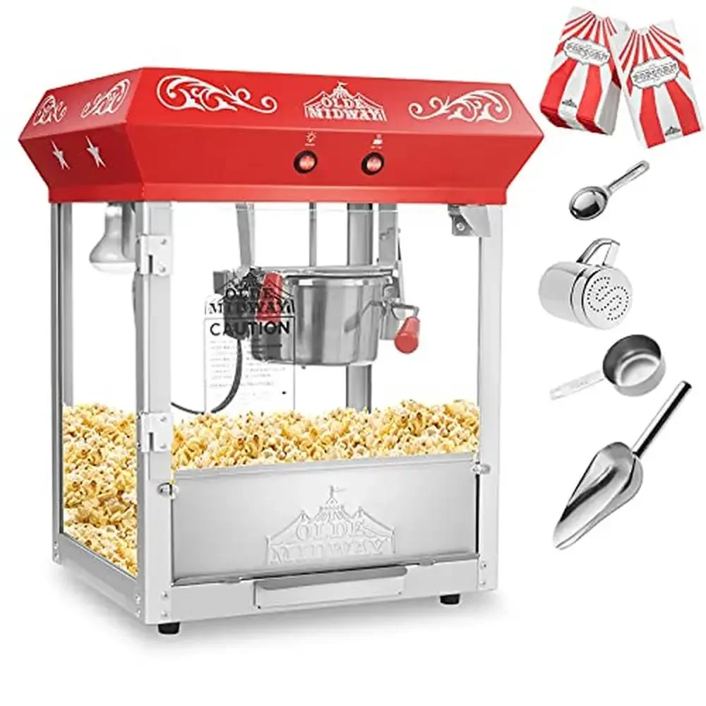 Popcorn Machine Maker Popper Stainless Steel Accessories 6-Ounce Kettle Tempered Glass Warming Deck Kernel Tray 640 Watts Power