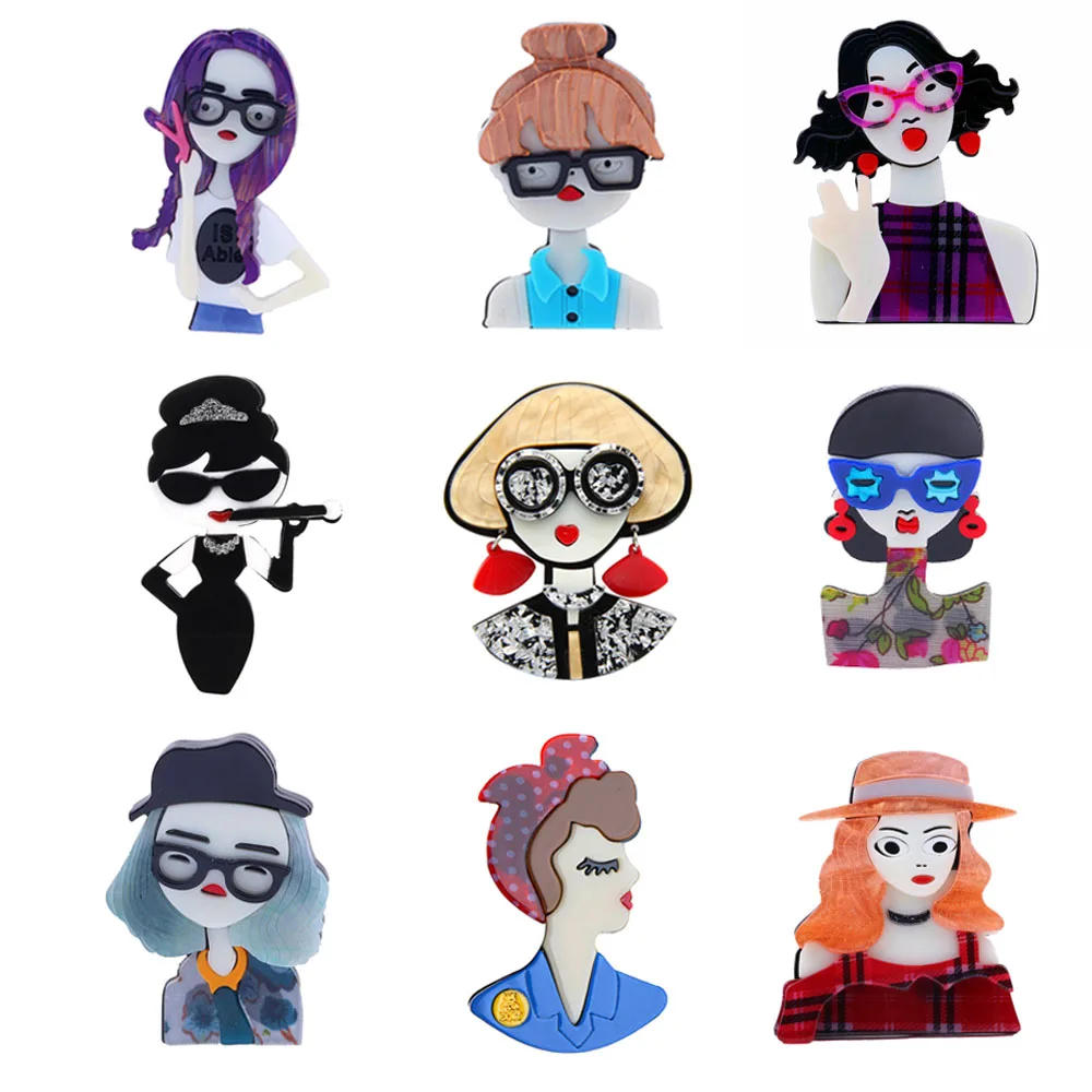 New Design Unique Lady Figure Acrylic Brooch Pins For Women Cartoon Female Lapel Badges Bag Decoration Dress Jewelry Accessories