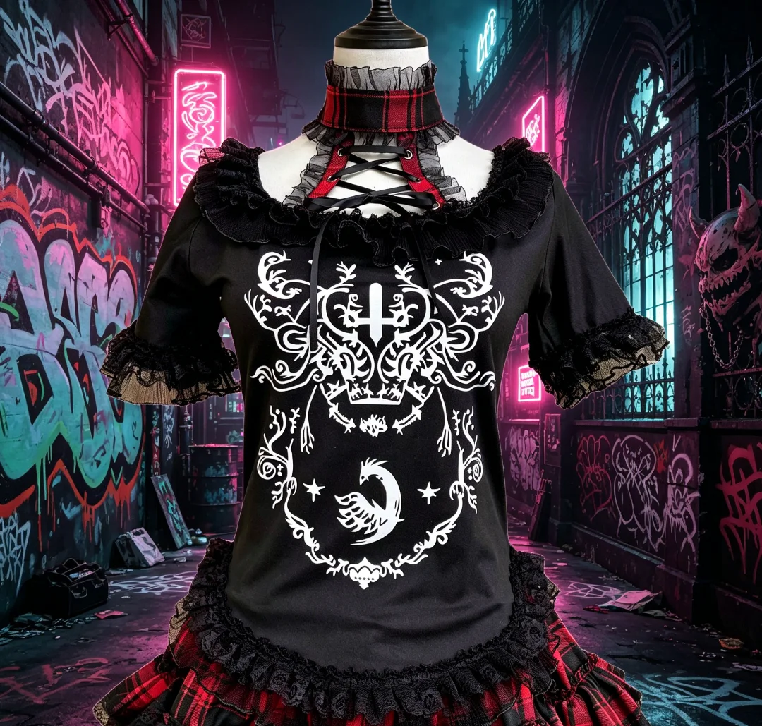 Original Subcultural Dark Gothic Punk Printed Women Short Sleeve T-shirt Hot Chick Slimming Basic Top Y2k Elegant Lace T Shirts