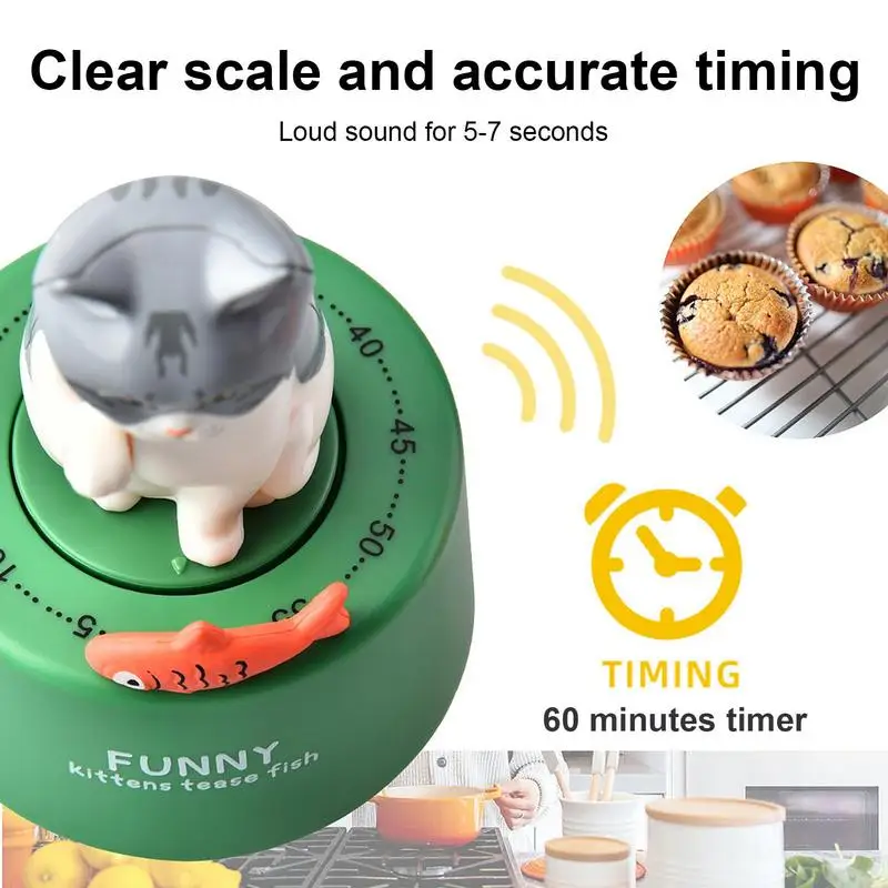 Mini Mechanical Cat Timer Home Time Management Countdown Timers Kitchen Reminder  Wind Up Dial Rotating Countdown Egg Timer