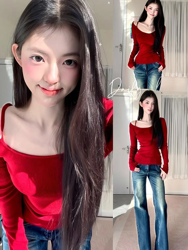 Spring New Sle Women's Knitted Sweater Slim Fit Waist Control Commute oulder off Sexy Girl Top Soft Long Sve Warmth