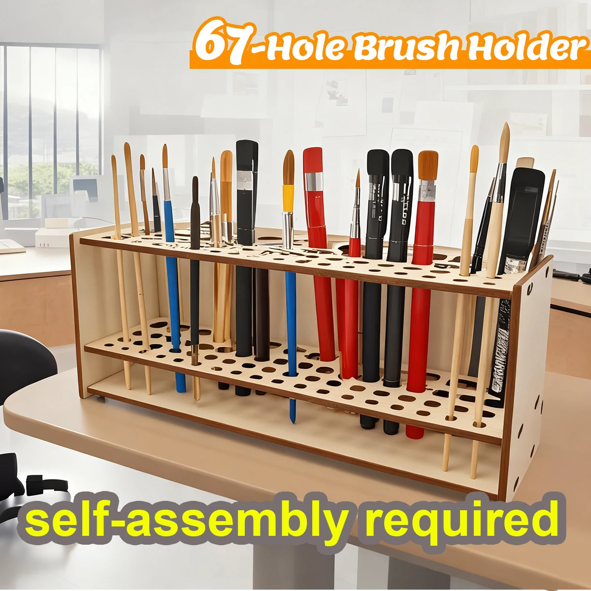 Wooden 67/71 Hole Organizer Stand for Pens Brushes Artists Students Makeup Storage Painting Supplies Stationery Desktop Holder
