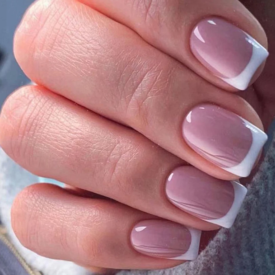 24 uñas postizas cortas cuadradas rosas, uñas postizas francesas, arte de uñas removible para parejas, citas, fiestas al aire libre 2