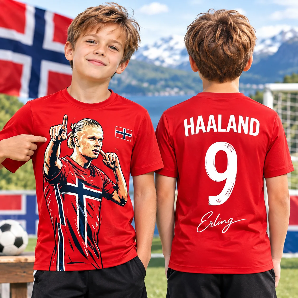 Erling Haaland No.9 Norway National Flag Sketch Soccer Jersey for Kids Boys Girls Quick Dry Training Fan Sports Short SleeveTops