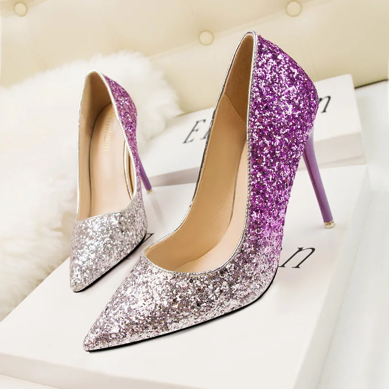 

Women's Shoes High Heels Shallow Mouth Pointed Toe Shining Sequins Sexy And Slimming Nightclub High Heels Single Shoes