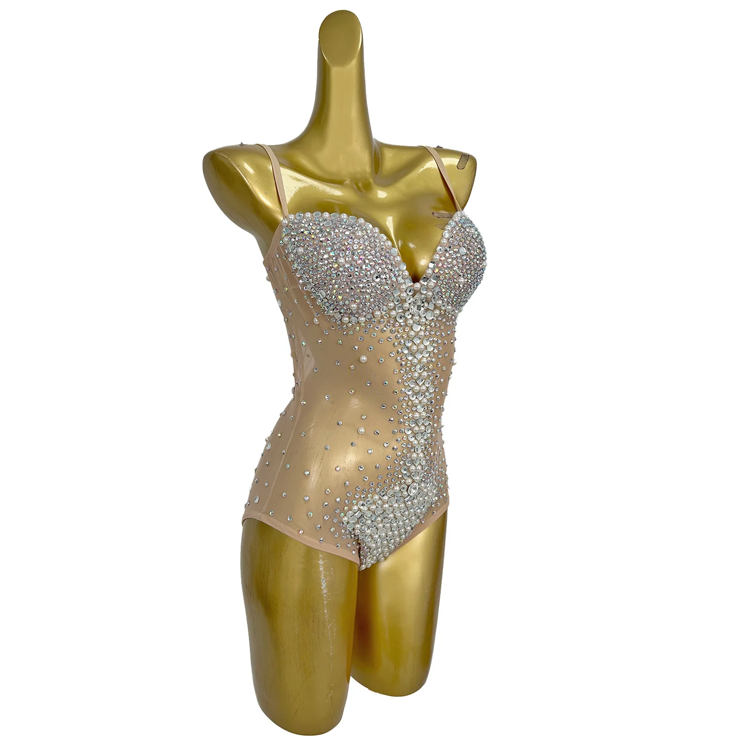 Sexy Dance Performance Sexy Outfit Sparkling Crystal Pearls Gymnastics Leotard See Through Mesh Sleeveless Bodysuit Yemingzhu