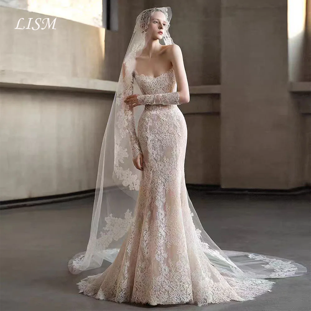 Lism Modest Elfenbein-Spitzen-Brautkleider mit Schleier, trägerloses Elfenbein-Spitzenkleid mit Blumenmuster, Meerjungfrauen-Brautkleid mit Schleppe, maßgeschneidert 2026