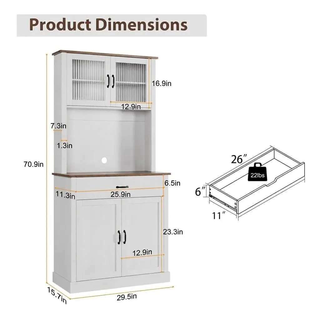 71 Inch White Kitchen Pantry Cabinet with Microwave Stand, Tall Freestanding Storage Cupboard with Doors and Shelves