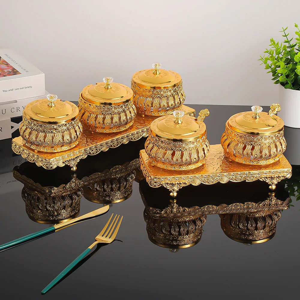 New Light Luxury Round Sugar & Seasoning Jar with Base Spoon Lid Hollow Exquisite Pattern Gold for Kitchen Use