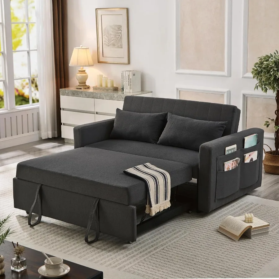Pull Out Sleeper Sofa Bed For Living Room, Fabric, Gray, Converts Easily From Sofa To Full Size Bed
