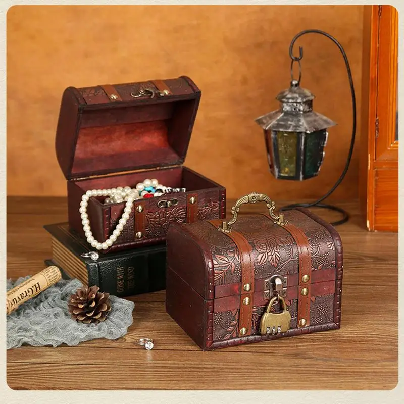 Retro Treasure Box With Lock Vintage Wooden Storage Box Antique Style Jewelry Box Wooden Treasure Box Gift Room Escape Props Box