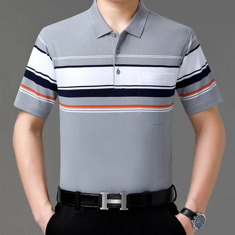 Minimalist Summer Men's T-shirt Button Pocket Stripe Contrast Color Fashion Versatile Business Short Sleeve Loose Polo Neck Tops