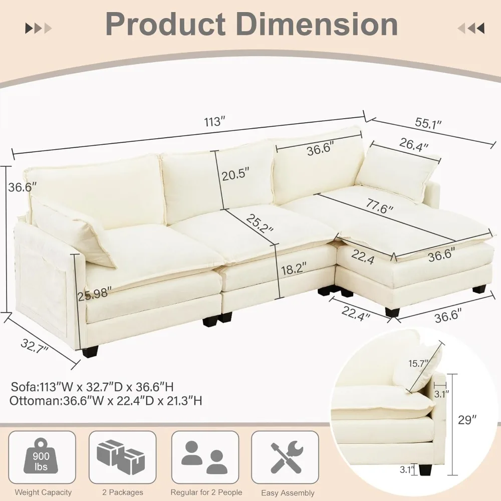 cloud sofa.Sectional Sofa Cloud Couch113Big Comfy Couch L Shape Sofa Couch forLiving RoomExtra Deep Seat SofaCouch Chenille Sofa