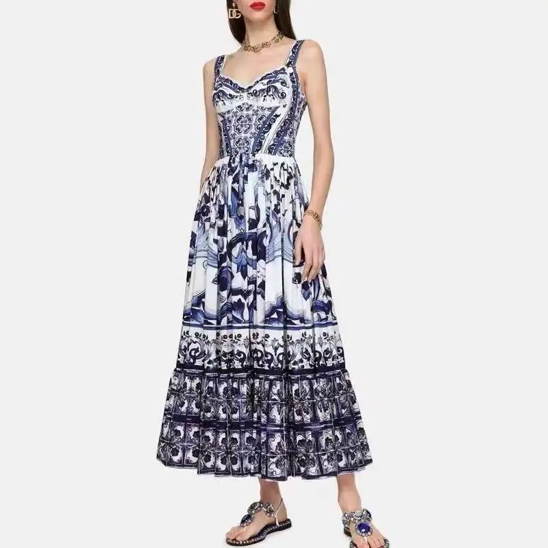Runway Summer Holiday Long Dress Boho Women\'s Strap Blue And White Porcelain Print Sexy Sundress Elastic Backless Vestidos Robe