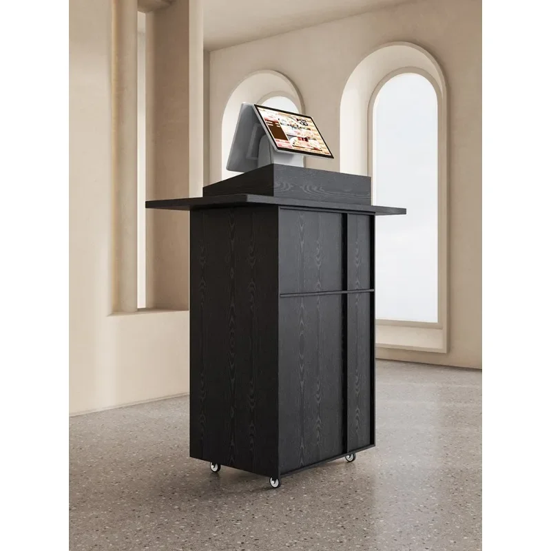 Black wood grain shopping desk, welcome desk at the entrance of the store, mobile information desk with wheels