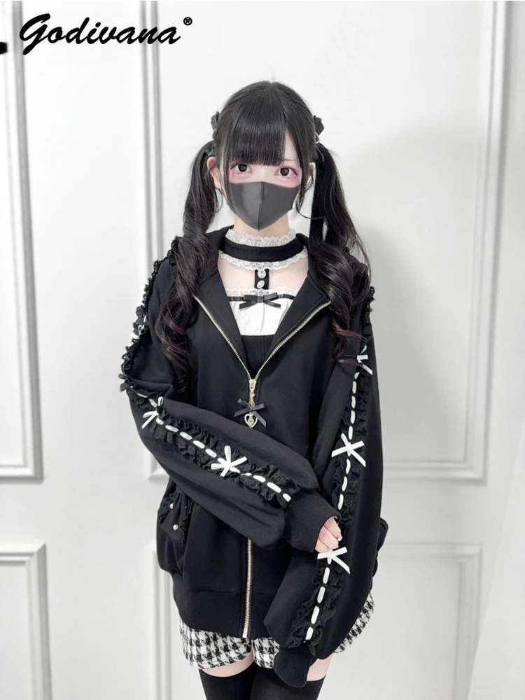 

Новая осенне-зимняя женская куртка-худи в стиле Лолита с кружевом, бантом, длинными рукавами, капюшоном, на молнии, флисовая верхняя одежда