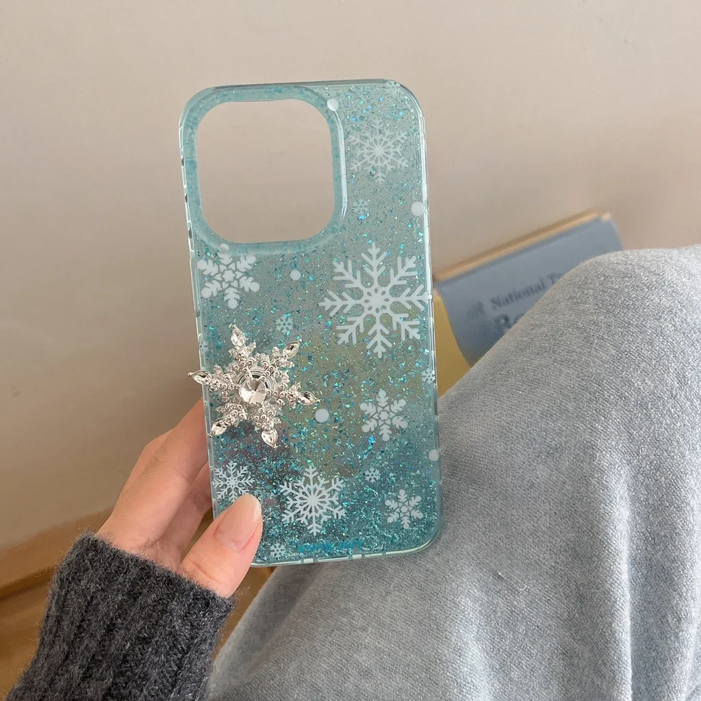 Simplicity Blue Glitter Transparent Rotate Snowflake Rhinestone Cover Case for iPhone 16 15 14 13 12 Pro Max Phone Case