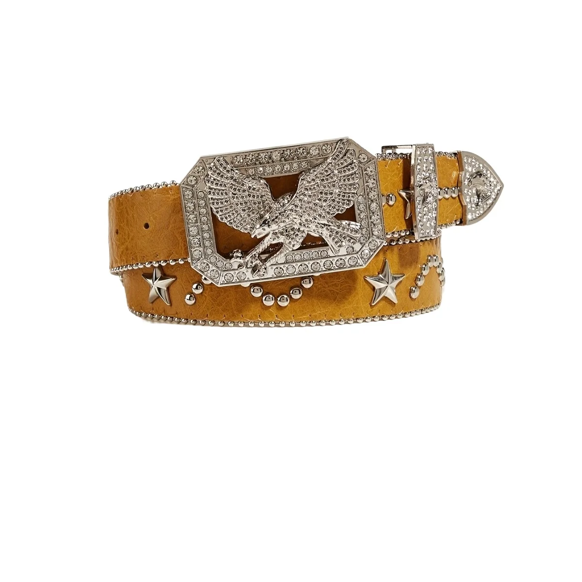 1pc Men's Yellow Y2k Punk Rhinestone Eagle Buckle Rivet Belt Jeans Versatile Decorative Belt