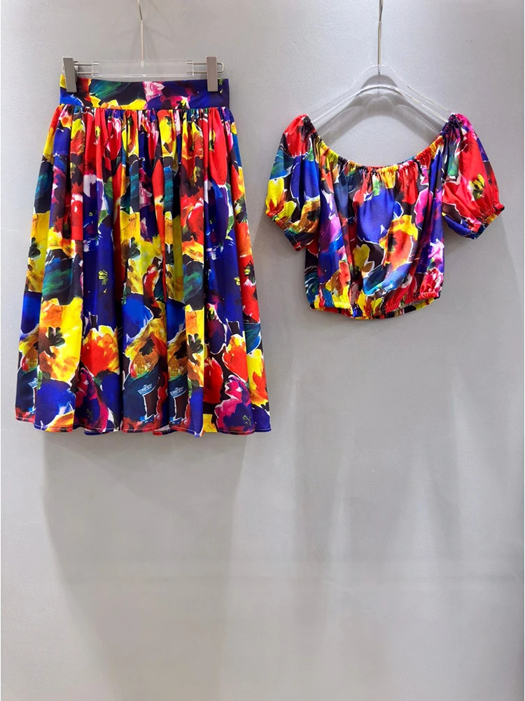 Gedivoen Summer Fashion Runway New Designer Women's Floral Print Skirt Sets Slash Neck Tunic+Medium Length Skirt 2 Pieces Set