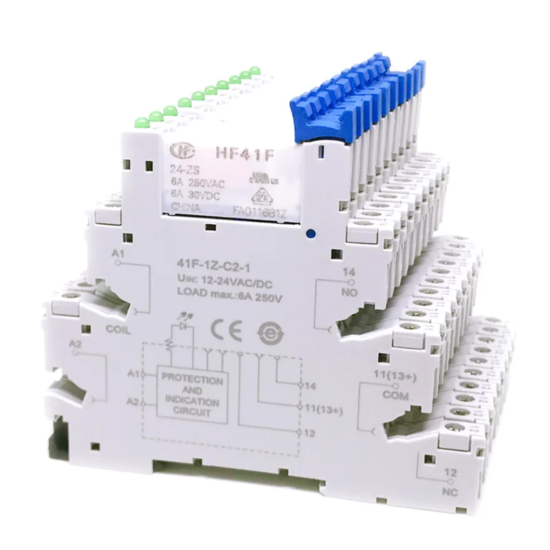 41F-1Z-C2-1 HF41F 5-ZS HF41F-12-ZS HF41F-24-ZS 5V 12V 24V 230V 6A 1CO Slim/SSR Relay Mount On Screw Socket with LED Wafer relay