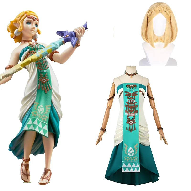 أزياء الأميرة زيلدا التأثيرية فستان أخضر شعر مستعار مجموعة كاملة من أزياء الهالوين النسائية