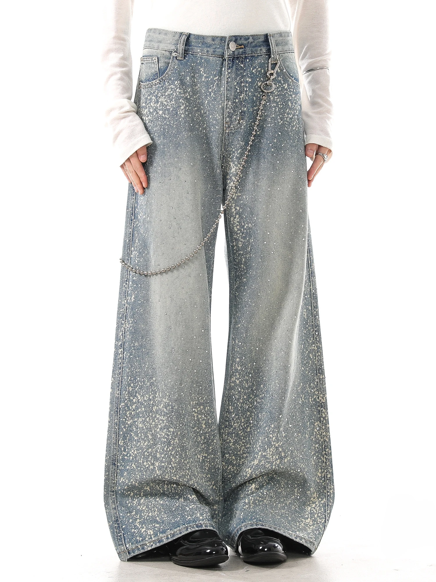 Calças Jeans Azuis Lavadas Unissex com Design Moderno, Diamantes Brilhantes, Corte Solto e Reto, Perna Larga, Casuais para Ca...