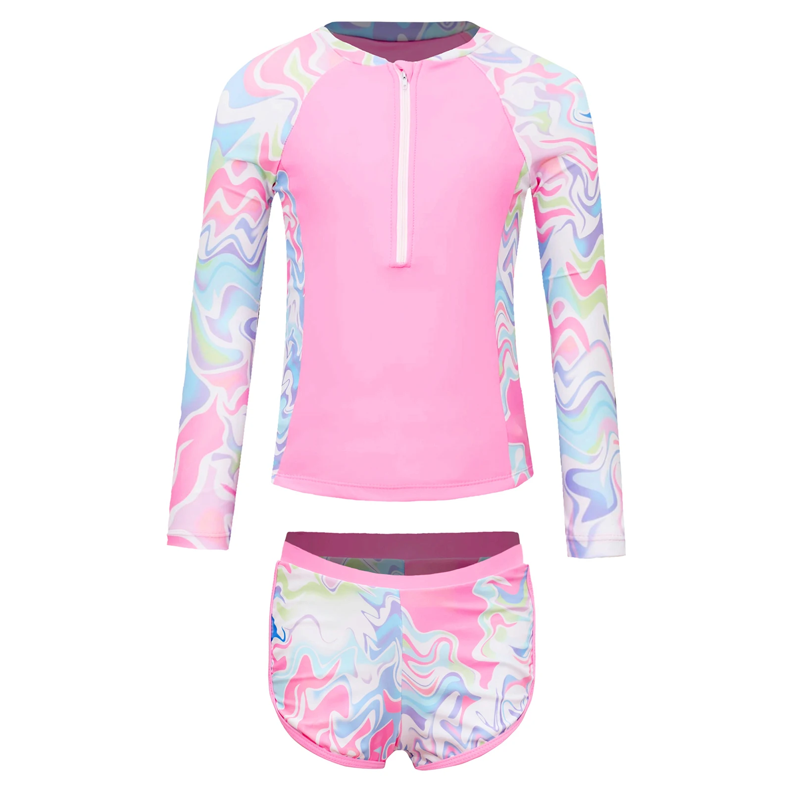 

GirlsTwo Pieces Wave Striped Printed Swimsuit Long Sleeve Removable Chest Pads Front Zipper Swim Tops with Shorts Swimwear