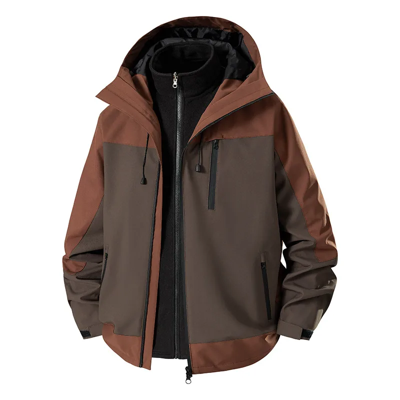 3-in-1 Splicing Mens Hiking Jackets Windproof Waterproof Thickening Outdoor Climbing Outfit High Quality Hooded Windbreaker Coat