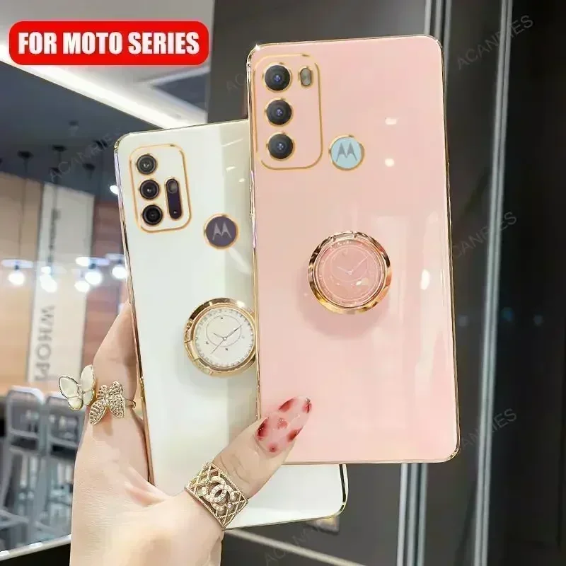 Plating Ring Holder Case For Motorola Moto G60 G30 G20 G10 G50 5G G22 G32 G52 G13 G23 G53 G73 Stand Silicone Cover