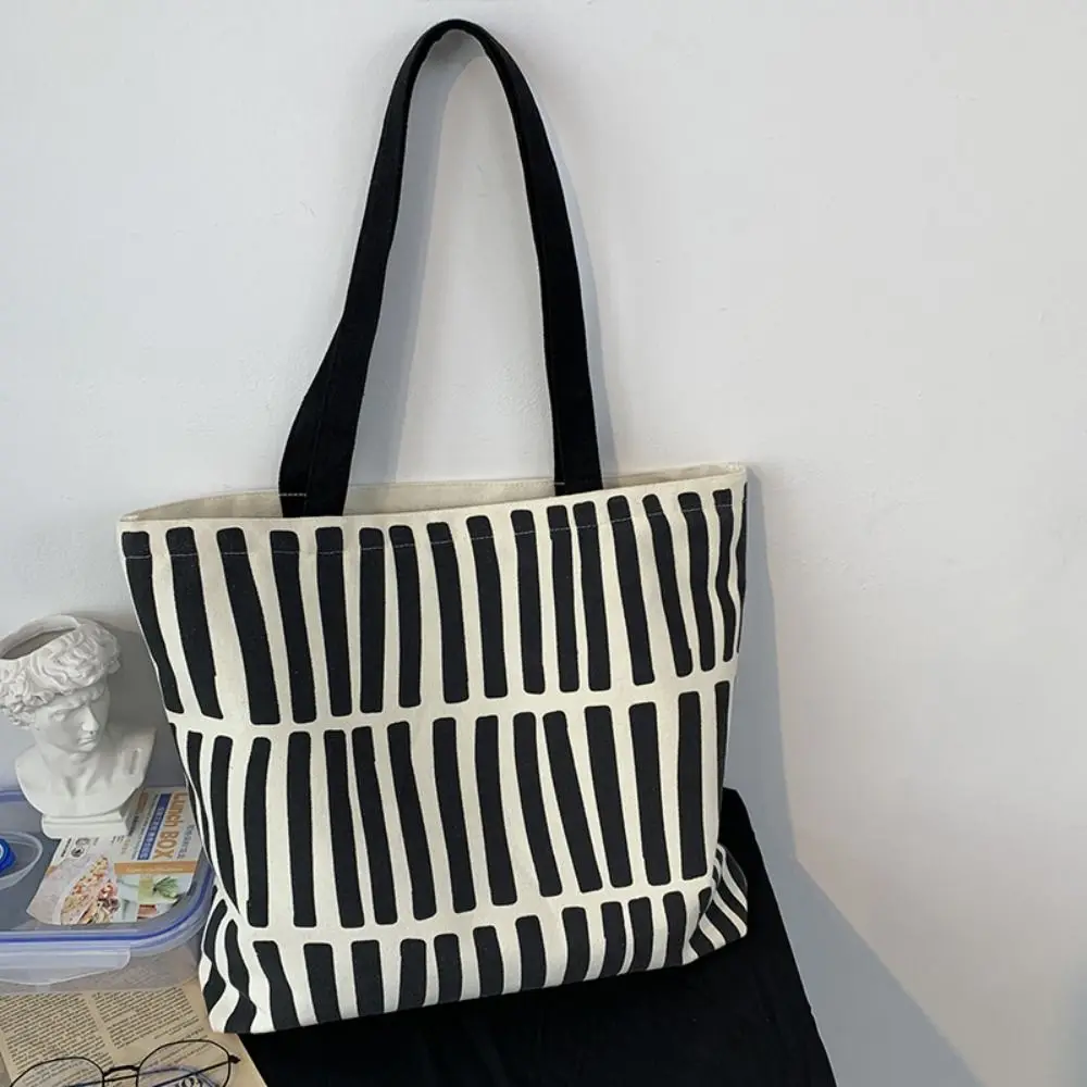 Simple Line Print Canvas Tote Bag Zipper Cloth Large Capacity Tote Bag Korean Style Shoulder Bag Reusable Shopping Bag Shopping