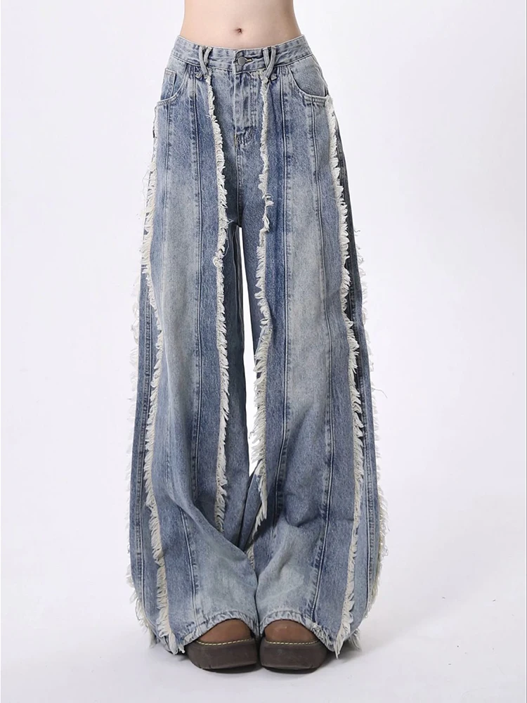 Women High Waist Wide Leg Loose Causal Light Blue Denim Pants 2025 Autumn New Ripped High Waist Design Tassel Jeans