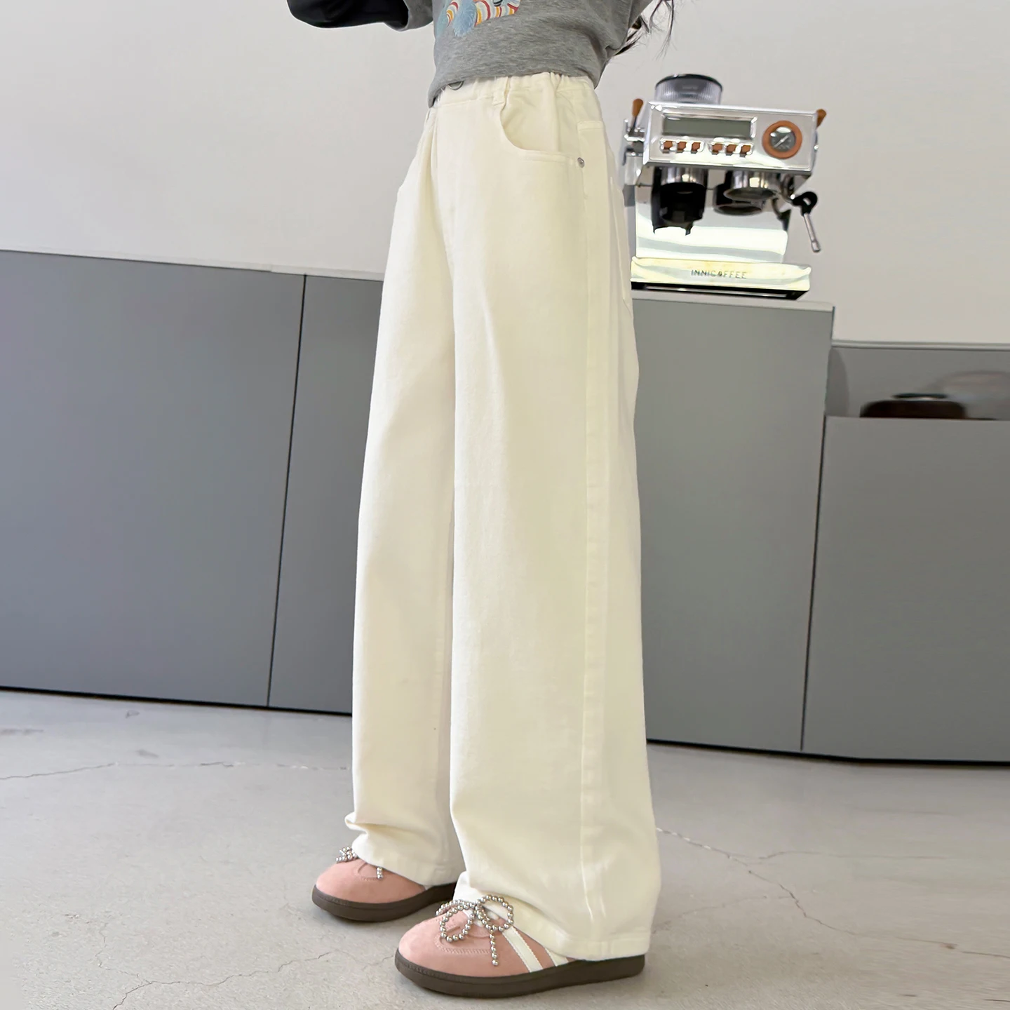 Girls' pants spring clothes girls' casual pants, stylish Korean style super beautiful white wide leg pants