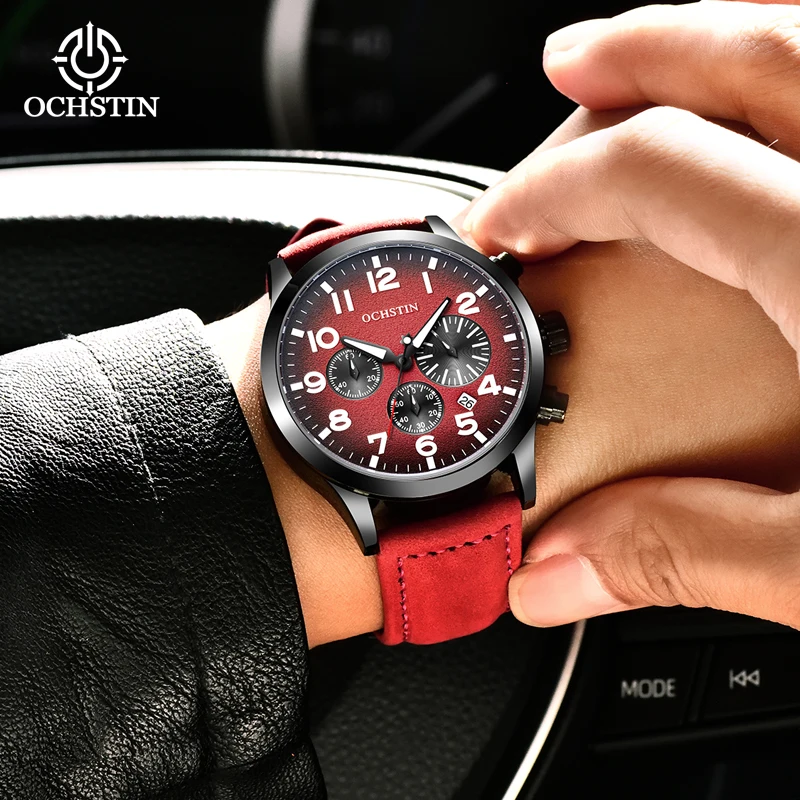 OCHSTIN Quartz Watch Men Analog Chronograph Stopwatch Auto Date Fashion Pilot Sport Leather Wrist Male Clock Gifts for Boyfriend