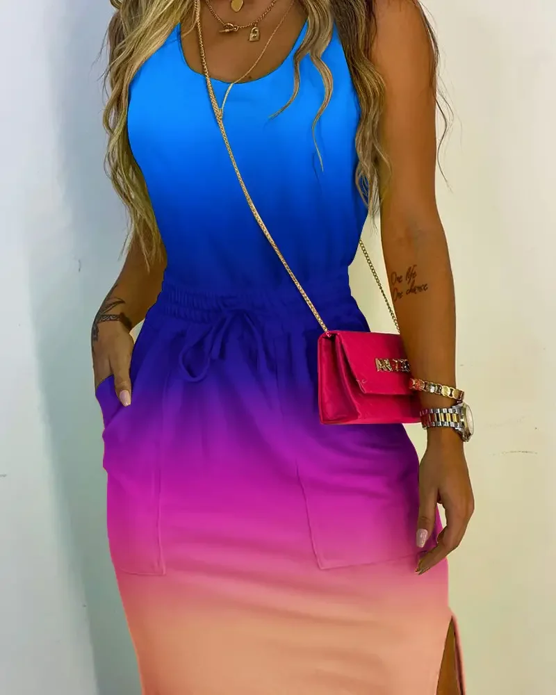 

Colorful Gradient Hem with Split Drawstring and Waistband for A Slim Fit, Fashionable and Casual Sleeveless Summer Dress