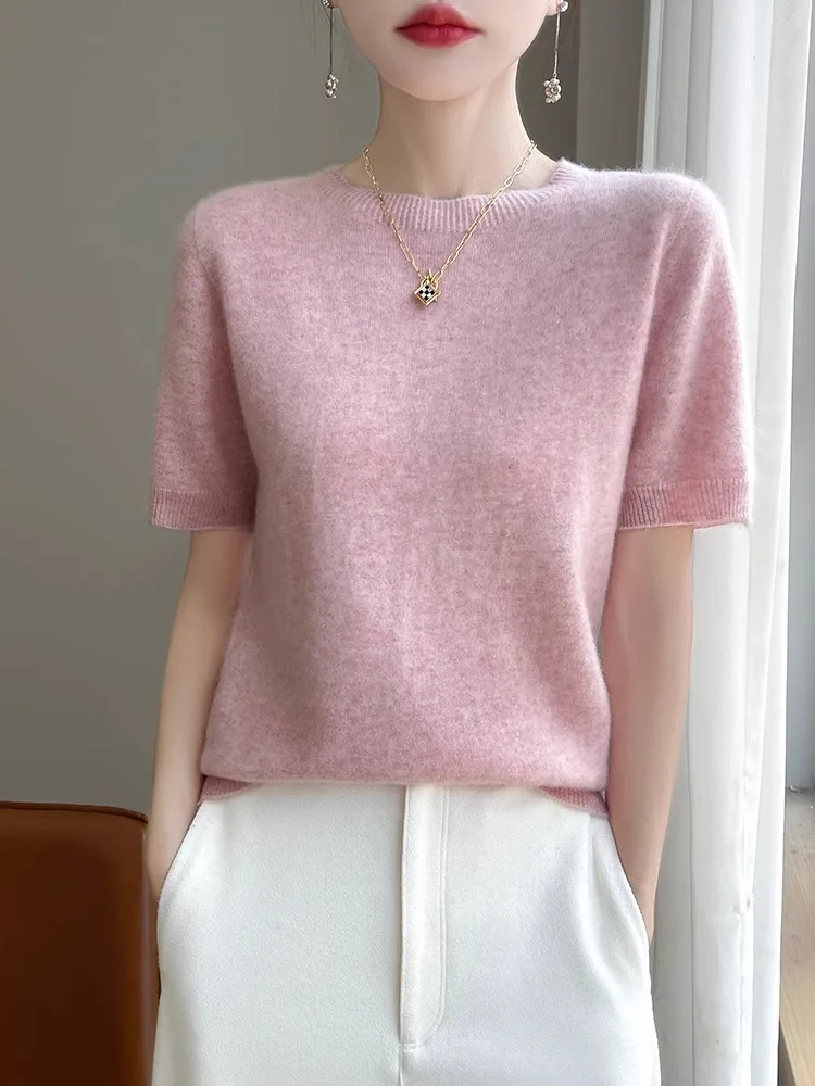 Solto ajuste redondo ne ort sve malhas feminino fino verão camiseta casual sle lã mistura interior wear topo