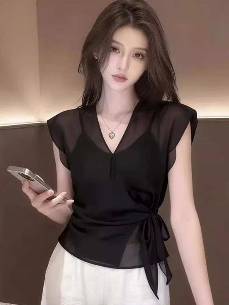 Elegant Black V-Neck See-Through Short Chiffon Shirt Women's Belted Waist Slim Fit Single Piece Summer 2026 Fashion Top
