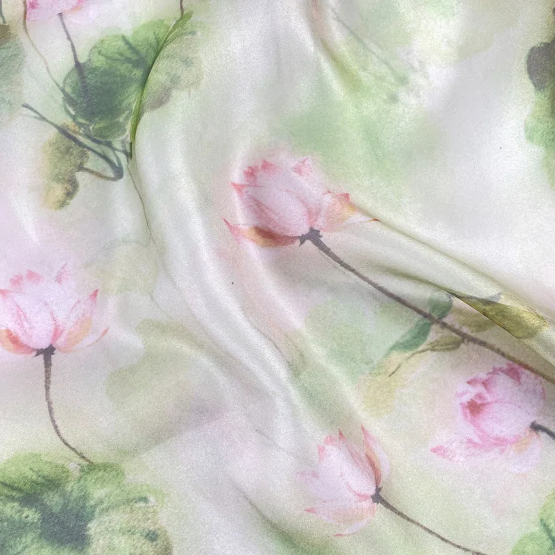 2Code Chinese-style Lotus Pond Moonlight  Semi-transparent light green chiffon fabric with lotus print for dress decorationA