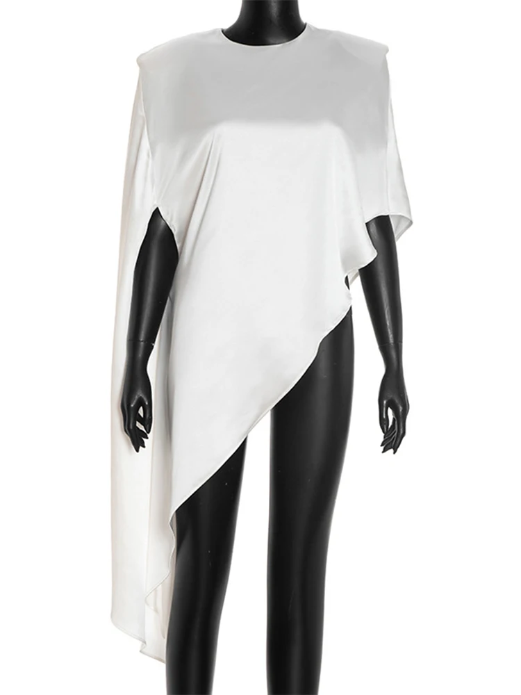 Trendix White Asymmetrical Cover Up For Women Fashion Ruffle Hem Loose Short Sleeve Shirts Casual Elegant Commuting Pullover Top