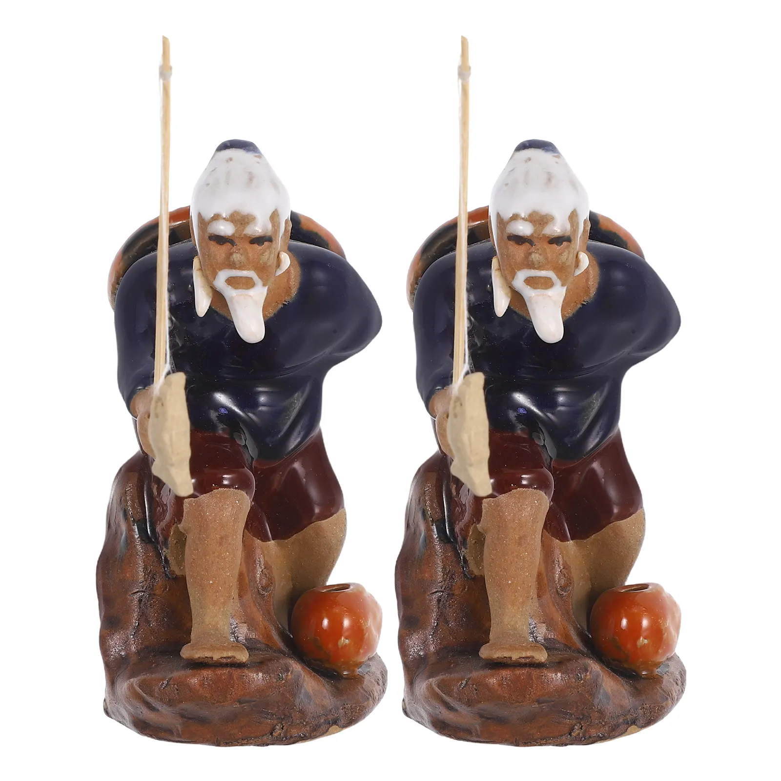 2Pcs Mini Fisherman Sculpture Asian Ceramic Ornament for Bonsai Zen Garden Aquarium Terrarium Fairy Garden Micro Landscape Decor