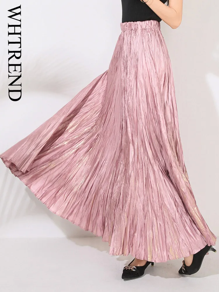 

WHTREND Gold Stamping Pleated Skirt For Women, High Waist Slimming Flared Skirt, Long Elastic Waist Umbrella Skirts WH1976