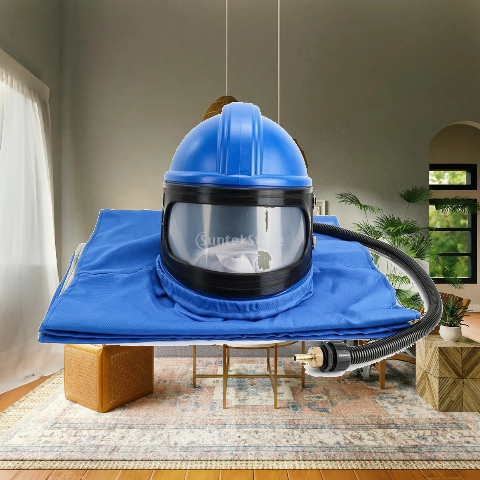 Air Supplied Sandblasting Hood Full Face Media Projecting Helmet with Canvas Cape and Clear Lens for Sanding Grinding Tasks