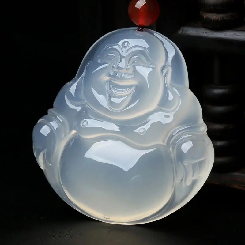 Brazil White Chalcedony Agate Big Belly Smiling Buddha Men's and Women's Smiling Mouth Often Open Jade Buddha Pendant Jade Buddh