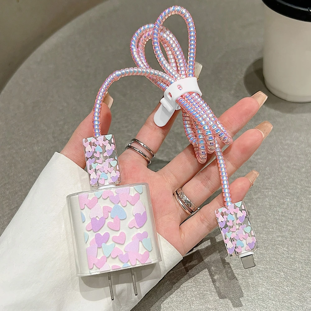 Colorful Heart Transparent Case For iPhone Charger Protective is Applicable For Samsung Type-C Data Head Bite Protector Shell