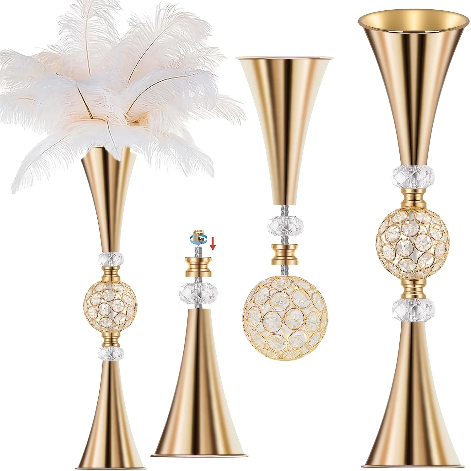 2pcs Elegant Golden Tall Crystal Flower Vases – 70 cm Trumpet-Shaped Vase Set for Table or Floor Display, Ideal for Bouquets, Ce view 7