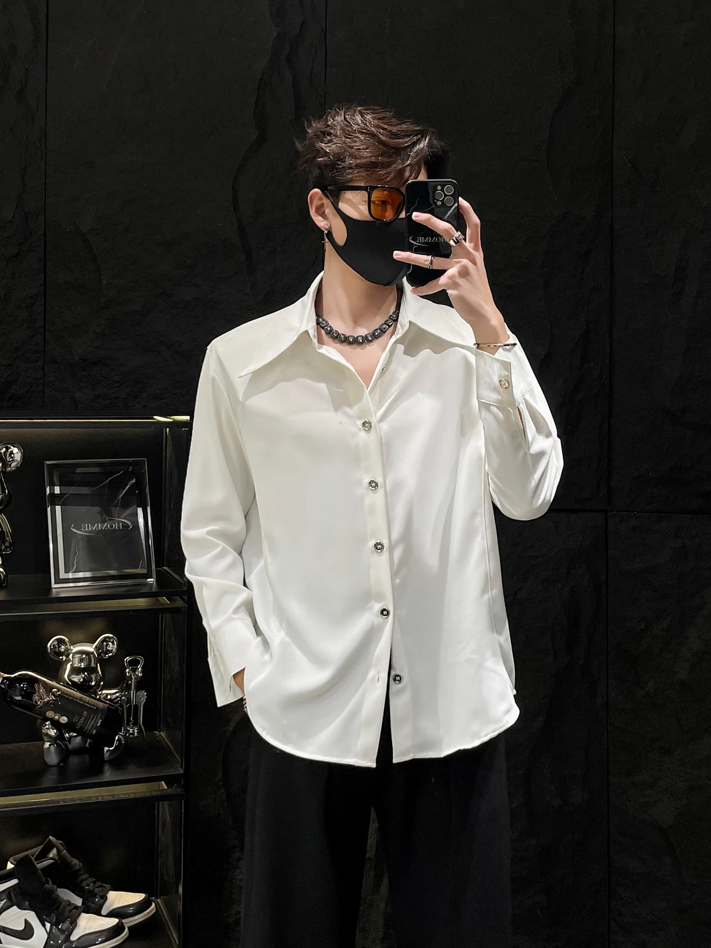 

Белый свободный длинный све irt, мужской корейский стиль, простой дизайн, драпировка, большой острый воротник, внутренняя одежда, полиэфирное волокно irt