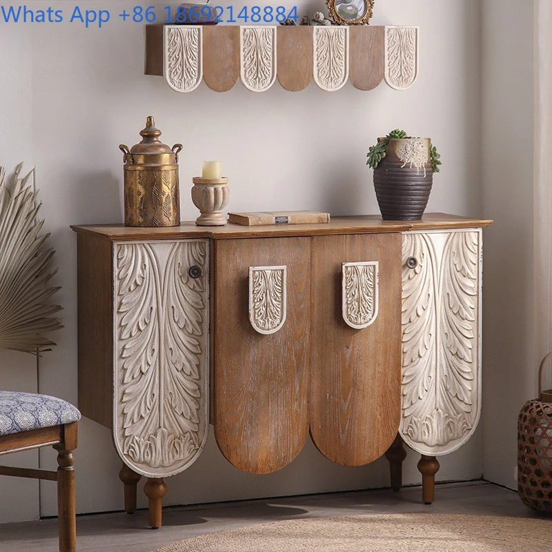 French Style Solid Wood Carved Entryway Cabinet Vintage Buffet Storage Set