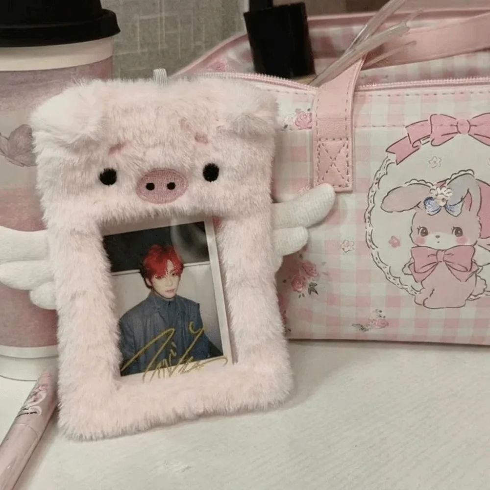 Cartoon Animals Photocard Case Puppy/Angel Pig/Mouse Soft Fluffy Photo Card Holder Bag Keychain Idol Photos Protective Cover