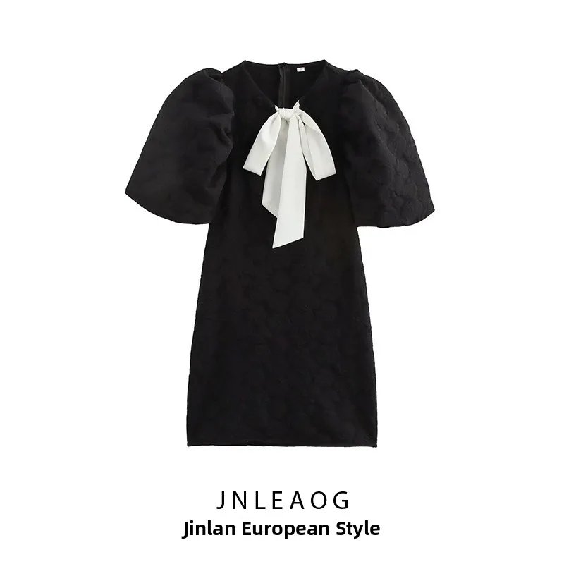 JNLEAOG 가을 신상 여성 드레스 컬러 블록 나비 매듭 장식 버블 슬리브 요정 스커트 반팔 라운드 넥