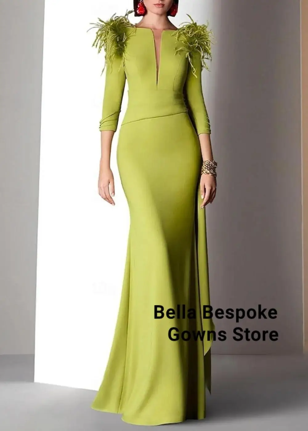 

Women Classic Green Evening Dress V-neck Satin Feather Ruffles Button Wedding Guest Dress Open Back Mermaid Tailored Customized