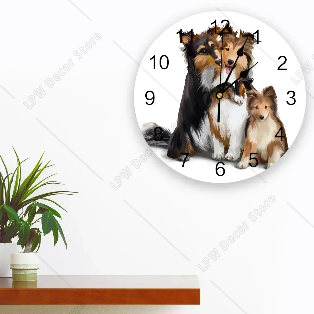 Animal Shepherd Brown Dog Fluffy Wall Clock Modern Design Round Indoor Home Office Living Room Decor Silent Wall Clock